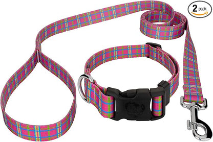 Country Brook Petz - Bubblegum Pink Plaid Everyday Collar and Leash - Plaid and Argyle Collection Featuring Charming Designs (1/2 Inch, 2XS)