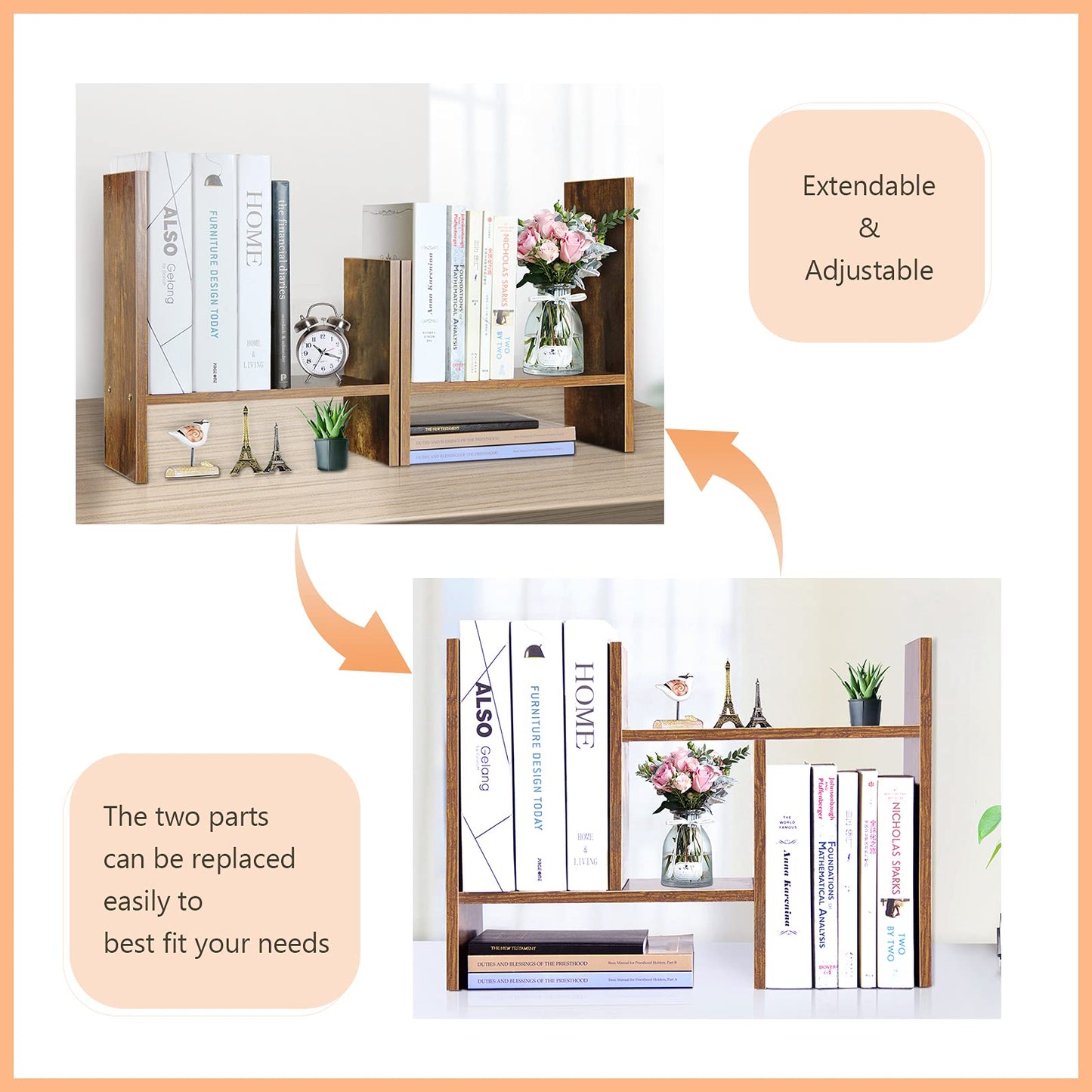 J.M.Deco Desktop Organizers and Storage for Office, Adjustable Desktop Organizer Shelf Double H Display, True Natural Stand Shelf, Desktop Shelf Organizer Natural Wood Tone