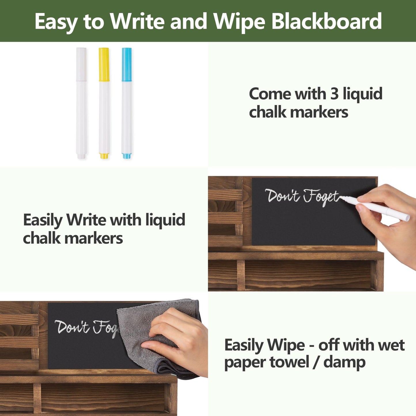 FIPUTE Key Holder for Wall, Wall Mounted Mail Holder Wooden with Shelf & 3 Liquid Chalks & Chalkboard, Mail Sorter Organizer, Rustic Home Decor (15.98”W x 9.1”H x 3.3”D), Burnt Brown