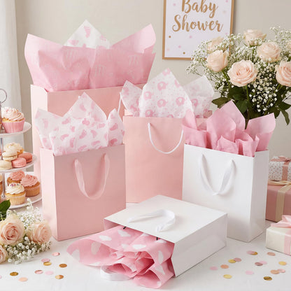 woric 120 Sheets Pink Tissue Paper Bulk Baby Shower Tissue Paper with Cute Design for Gift Bags DIY Crafts Baby Shower Girls Birthday, 14 x 20 Inch