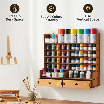 T TOGUSH Miniature Paint Rack, 6-Tier Wall Mount Paints Organizer with 2 Drawers for Model Craft Miniatures, Tools Brushes, Spray Cans for Paint Holder Storage