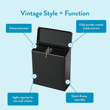 ARCHITECTURAL MAILBOXES Townhouse Vertical Small Capacity, Galvanized Steel Wall Mount Mailbox, 4.1 x 8.6 x 10.1 inches, Black | Galvanized steel build with a concealed lock and key drop box and weather-resistant outdoor construction.