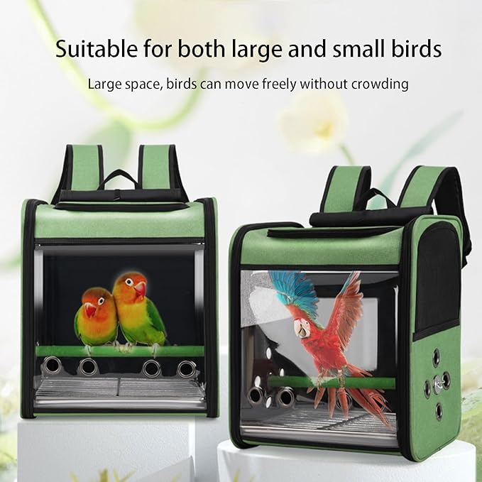 Bird Stroller Bird Backpack Carrier with Perch 14 * 11 * 16in Panoramic View with 3 Side Vents Removable Tray for Conures Parakeet Budgie (Green)