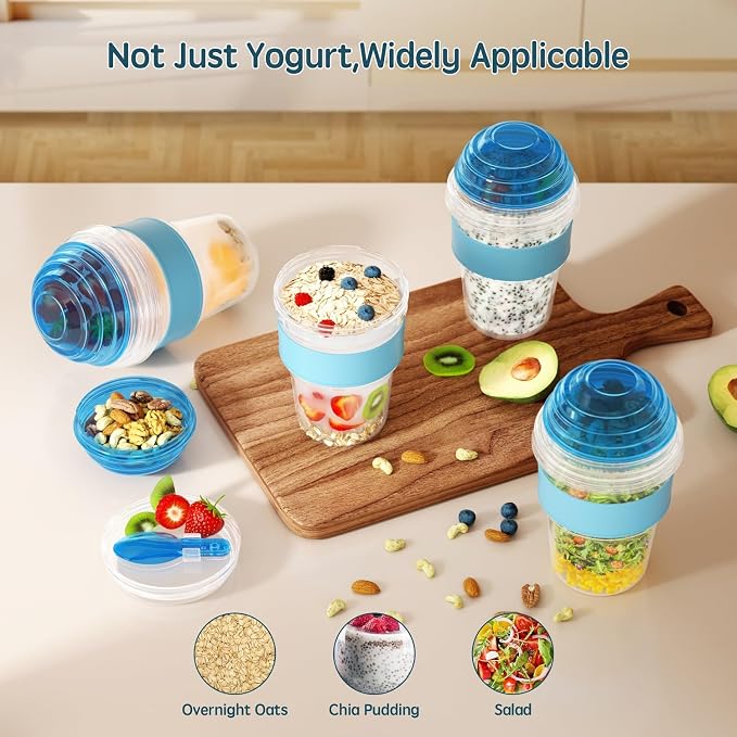 4 Pack Yogurt Parfait Cups with Lids Reusable, 20 oz Plastic Overnight Oats Containers To Go with Granola Compartment and Lids Spoon, Cereal Containers for Oatmeal, Snack, Breakfast Prep (Blue)