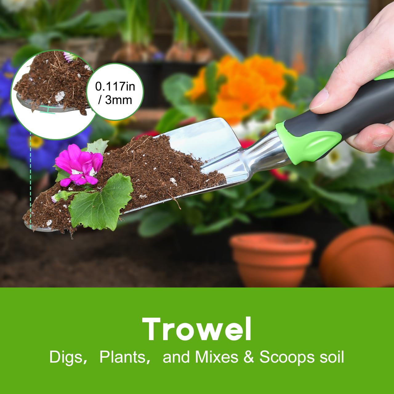 ZUZUAN Garden Tool Set, 3 Pack Aluminum Heavy Duty Gardening Kit Includes Hand Trowel, Transplant Trowel and Cultivator Hand Rake with Soft Rubberized Non-Slip Ergonomic Handle, Garden Gifts