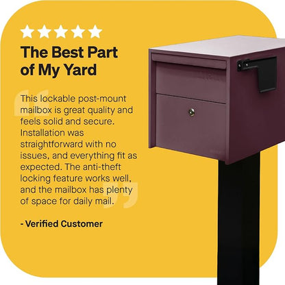 Adoorn Lockable Post Mount Mailboxes for Outside - Small Anti-Theft Locking Mailbox for Packages and Letters - Weatherproof Construction - Durable Steel - 12" H x 12" W x 18.5" D - Malbec