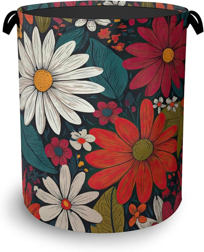 Retro Red Daisy Flowers Laundry Hamper, Dirty Clothes Laundry Basket