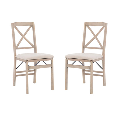 Keira Grey Wash Wooden Folding Chair with Beige Upholstered Seat and Classic Wooden X Back by Linon