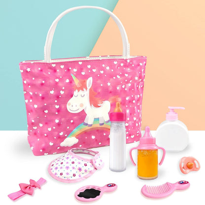 BNUZEIYI Baby Doll Accessories - Feeding and Caring Set With Diaper Bag, Bottles for Girls Toys Gift, Stuff Clothes Fit 14-16 Inch and 18 Inch Dolls
