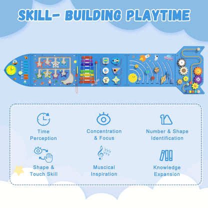 Spacocld Rocket Activity Wall Busy Board Panels - Sensory Wall Panel for Kids, Montessori Toddler Wall Activity Board, Wall Toys for Toddlers 3, Activity Cube, Wooden Multi-Activity Boards, Blue(5PCS)