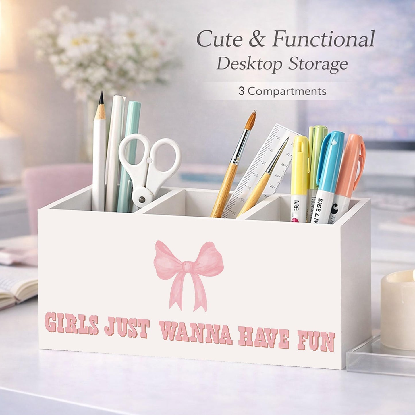 GGED Girls Just Wanna Have Fun Pen Holder, Pink Bow Wooden Desk Organizer, 3 Compartments Pencil Caddy for Office, Home, Classroom