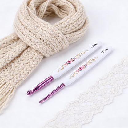 Crochet Hooks Needles,16 Pcs Cute Needles for Arthritic Hands,Extra Long Chinese Style Crochet Hook Set Flower Pattern Ergonomic Soft Grips Knitting Hook for Crochet Yarn Craft (Pink)