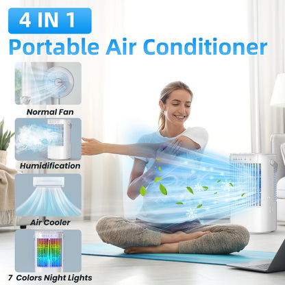 Portable Air Conditioners 4-in-1 Mini Small Air Conditioner Evaporative Air Cooler Fan with 1000ml Water Tank 3 Speeds 7 LED Lights Personal Mini AC with Timer for Bedroom Desktop Home Office (White)