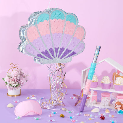 Wernnsai Mermaid Seashell Piñata - Pink Shellfish Piñatas for Kids Girls Birthday Mermaid Princess Party Decorations Under The Sea Ocean Theme Party Games With Bat Blindfold 16“ x 12.5" x 3"