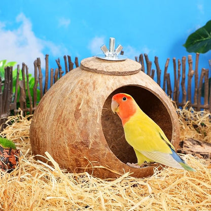 POPETPOP Natural Coconut Fiber Hanging Birdhouse for Cage - Coconut Shell Pet Bird Nest, Hanging Bird Breeding Nest for Parrot Parakeet Lovebird Finch Canary