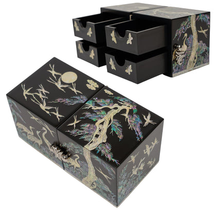February Mountain Mother of Pearl Sea Shell Inlaid Wooden Cube Jewelry Organizer Box - Perfect for, Bracelets, Trinkets, Watches, Earrings, Chains & Accessories
