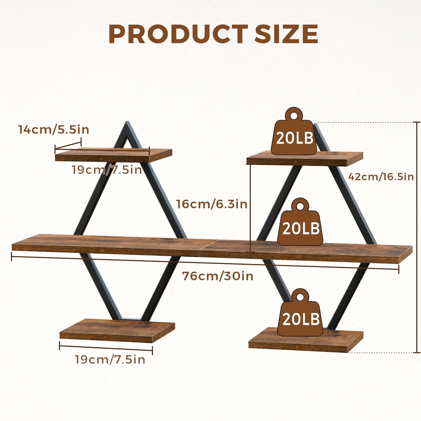 iFaveorr Floating Shelves, Wall Shelf Set of 2, Wall Mounted Shelves, 3-Tier Hanging Wall Shelves for Bathroom, Living Room, Bedroom, Kitchen, Office (Rustic Brown)