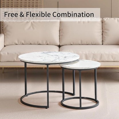 Round Nesting Coffee Table Set of 2, Modern Marble Pattern Wooden Nesting Tables, Stacking Minimalist End Table for Living Room Bedroom Small Space, White and Black