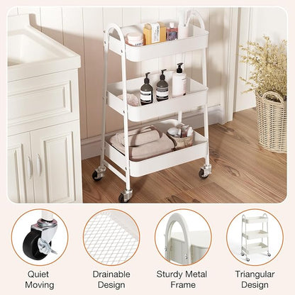 NEWBULIG 3-Tier Metal Rolling Cart with Lockable Wheels, Heavy Duty Mobile Utility Storage Shelf, Roller Book Snack Cart, Organization for Livingroom, Bathroom, Office, White