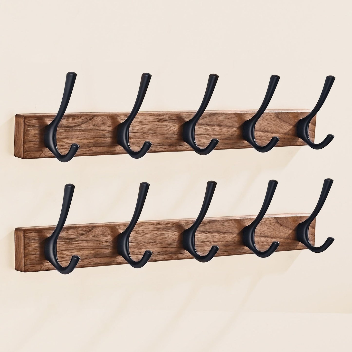 LECHYN 2 Pack 17.3" Small Walnut Wood Coat Rack Wall Mount with 5 Hooks, Heavy Duty Wooden Jacket Hanger Door Mounted for Decorative Entryway and Bathroom Hanging Towel Backpack Purse Clothes Hat Key
