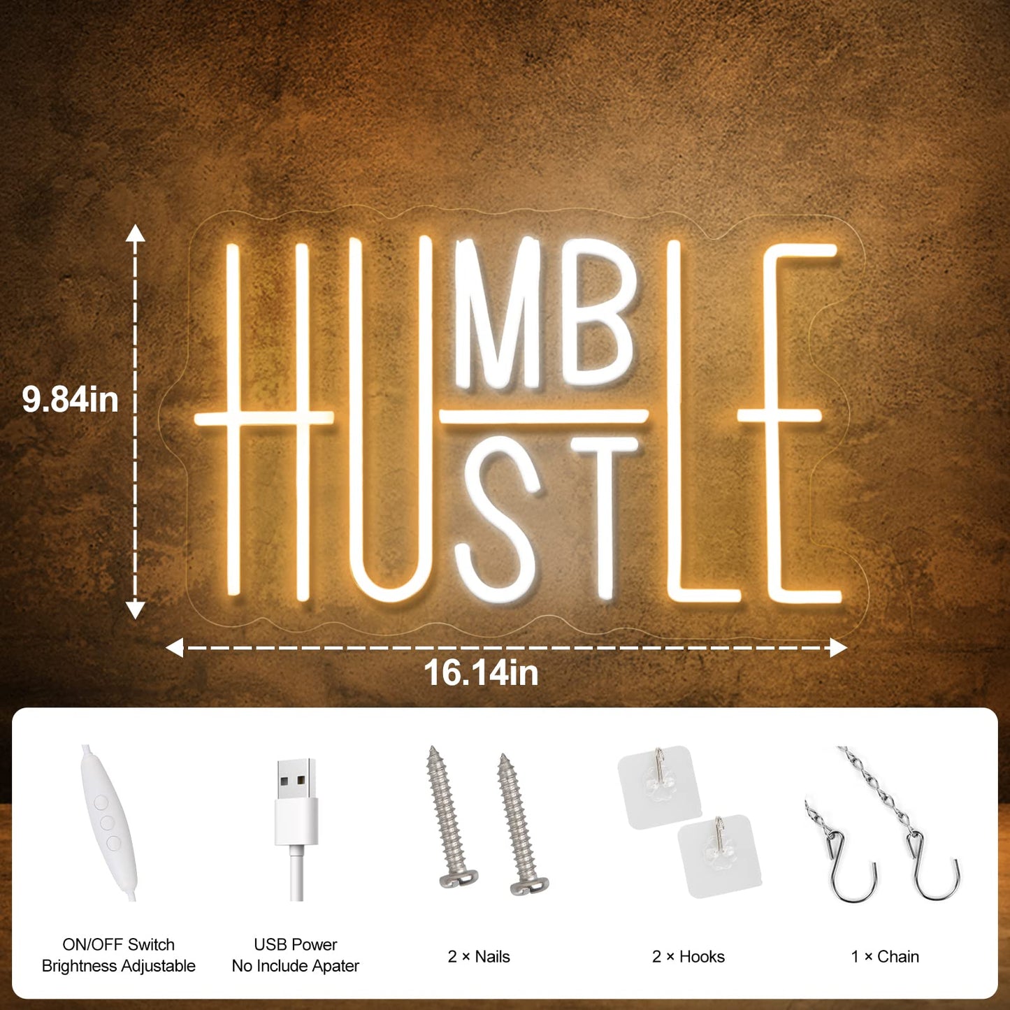 Hustle LED Neon Sign for Wall Decor, Humble Party Decorations, USB Powered Switch Adjustable Brightness LED Neon Lights, for Office Room, Gym Room, Man Cave Decor (Yellow&White)