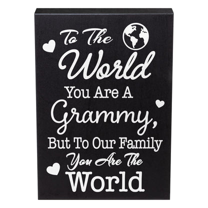 JennyGems Grammy Gifts – “To The World You Are A Grammy But To Family You Are World” Wooden Sign – Sentimental Shelf or Wall Decor – American Made Gift