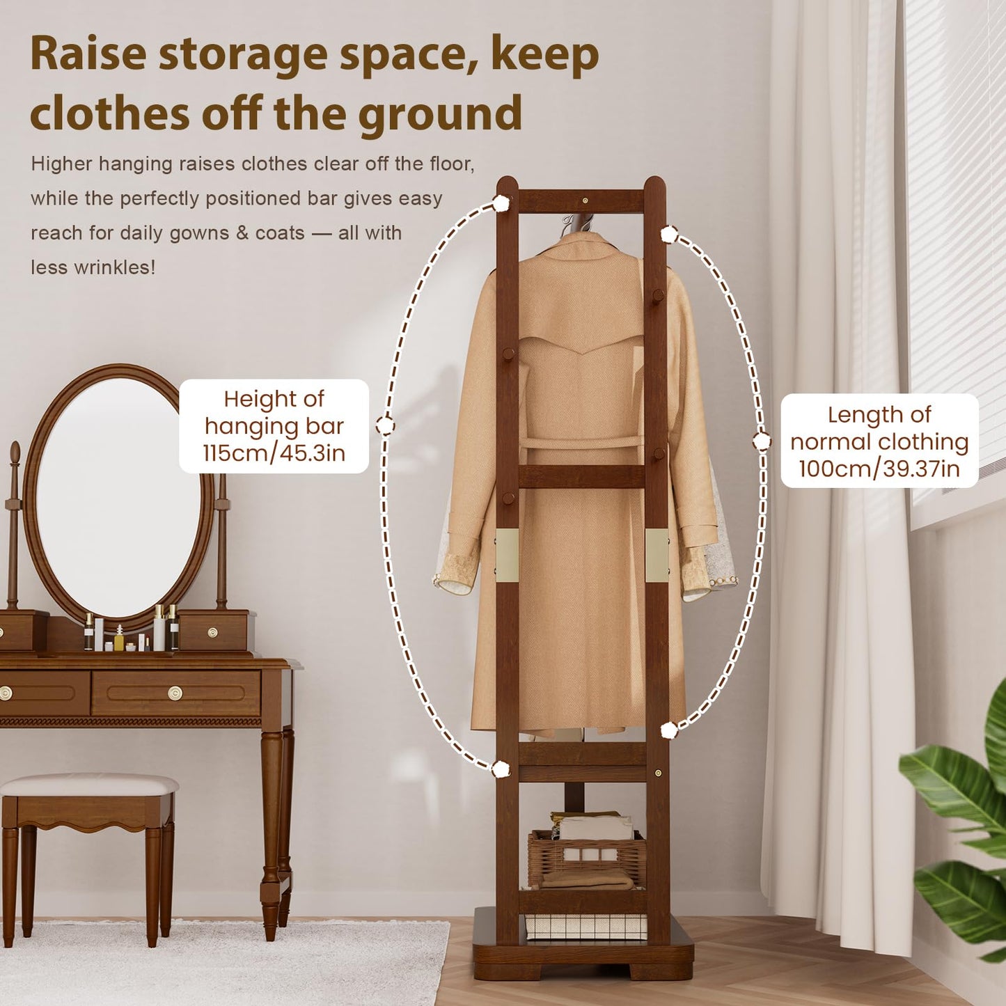 Taitiy Coat Rack Solid Wood Clothes Rack with 2 Shelves & 5 Hooks for Hanging Clothes Garment Wallets Hats, Clothing Rack Coat Rack Freestanding Hall Tree with Storage for Hallway Bedroom Living Room