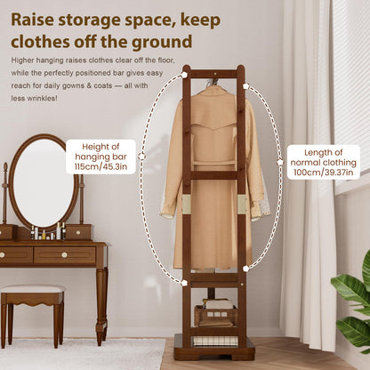 Taitiy Coat Rack Solid Wood Clothes Rack with 2 Shelves & 5 Hooks for Hanging Clothes Garment Wallets Hats, Clothing Rack Coat Rack Freestanding Hall Tree with Storage for Hallway Bedroom Living Room