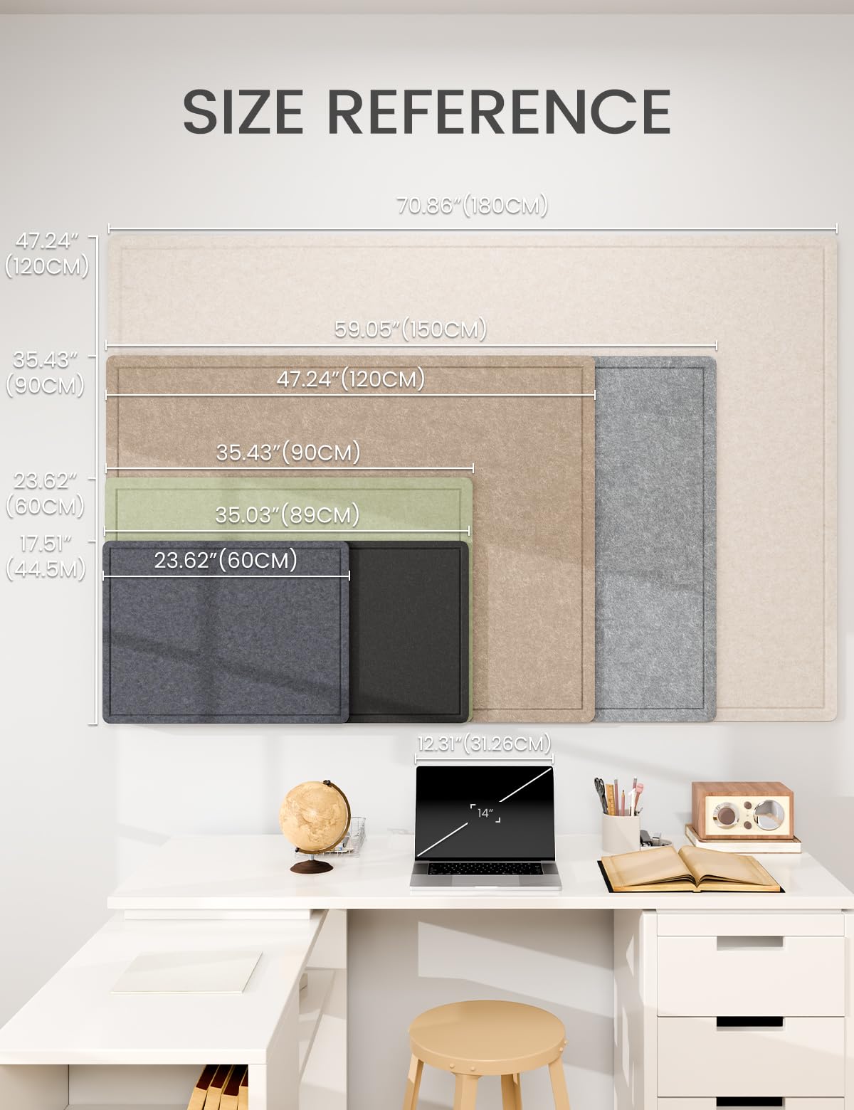 Fluxynara Bulletin Board, 23.6" x 17.5" Cork Board Alternative with 12 Safe Removable Adhesive Tabs, Foldable Felt Pin Board for Home Office, Classroom, Bedroom,Entryway for Walls—Blue Gray