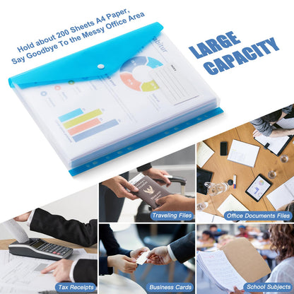 Binder Pocket Organizer Folders, 12 Pack Expandable Files Bag Plastic Envelopes Binder Folders with 11 Holes for 2/3/4 Ring Binder, Document Pouch with Snap Button and Label for School Office Home