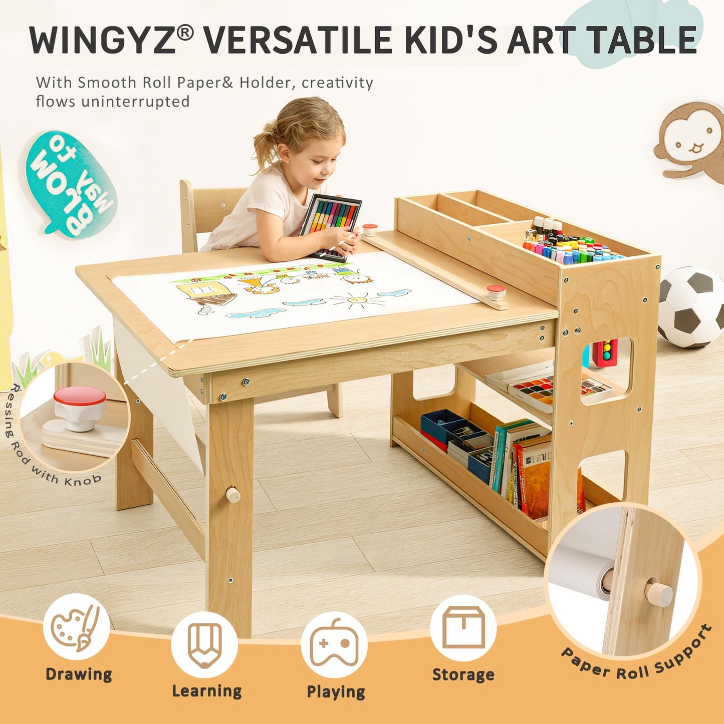 WINGYZ 5 in 1 Kids Art Table and Chairs - Toddler Activity Table and 2 Chair Set with Storage Cabinet, Wooden Kids Craft Table, Art Desk Sensory Table with Paper Roll for Playroom Ages 2-12 Gift
