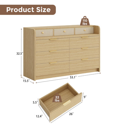 MapleGrace 53'' Wide 9 Drawer Dresser for Bedroom, Wood TV Stand Dresser with Power Outlets & LED Light, Chest of Drawers Closet Store Organizer for Living Room, Hallway, Light Oak