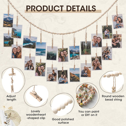 Sieral 48 Pcs Office Cubicle Decor Set, Boho Hanging Photo Display with 24 Wooden Clips, 2 Fabric Wall Shelves, 30 Flower Push Pins, 15 Cubicle Clips, Aesthetic Wall Decor for Office, Dorm & Workspace
