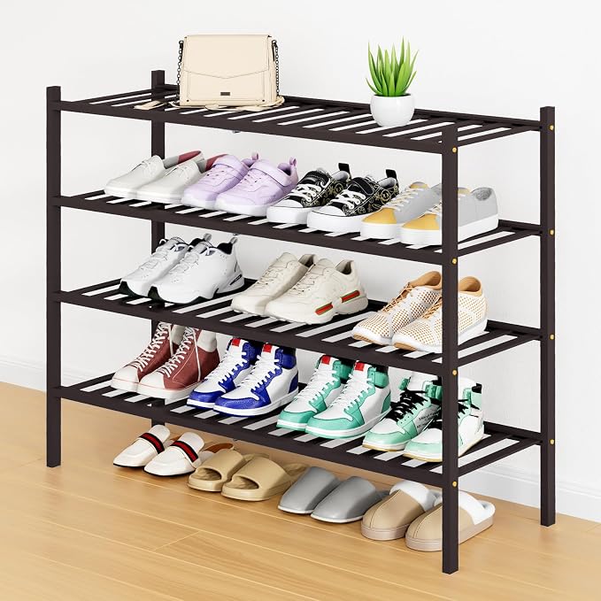 Smiry Long Bamboo Shoe Rack, 4 Tier Free Standing Wooden Shoe Organizer, Stackable Wood Shoe Storage Shelf for Closet, Entryway, 12 Vertical Slats, 2+2 Stack Standard Legs, 33.7"x11"x26", Brown