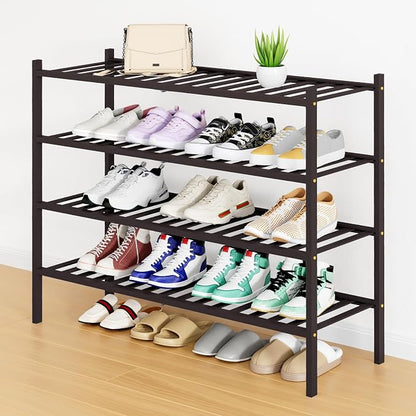 Smiry Long Bamboo Shoe Rack, 4 Tier Free Standing Wooden Shoe Organizer, Stackable Wood Shoe Storage Shelf for Closet, Entryway, 12 Vertical Slats, 2+2 Stack Standard Legs, 33.7"x11"x26", Brown