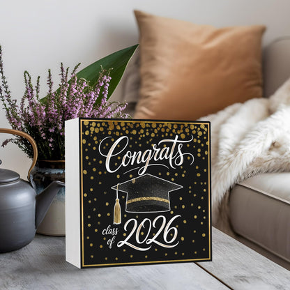 Gold Black Graduation Cap Wood Box Sign Desk Decor, Class of 2026 Academic Modern Decorative Wooden Block Box Sign Decorations for Home Office Shelf Table Decor 6x6 Inches