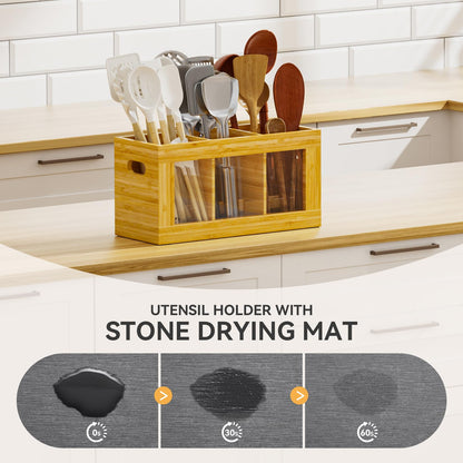 Yofidra Bamboo Utensil Holder & Silverware Organizer: Extra Large Cooking Holder with Absorbing Drying Stone and 6 Compartments Kitchen Countertop Storage Farmhouse Decor Accessories 11.8"X4.7"X5.9"