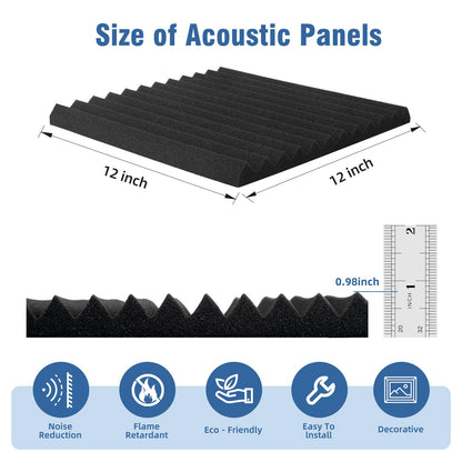 12 Pack Sound Proof Foam Panels,12"×12"×1" Acoustic Foam Panels, High Density Soundproof Wall Panels for Home Office Recoding Studio,With 250PCS Adhesive Stickers (Black, 12 Pack)