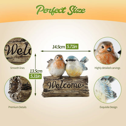 Mantaoilfe Welcome Bird Figurine Resin Garden Statue with Welcome Sign, Rustic Double Bird Decor on Driftwood Style Base for Front Porch Entryway Patio Lawn Garden or Indoor Tabletop