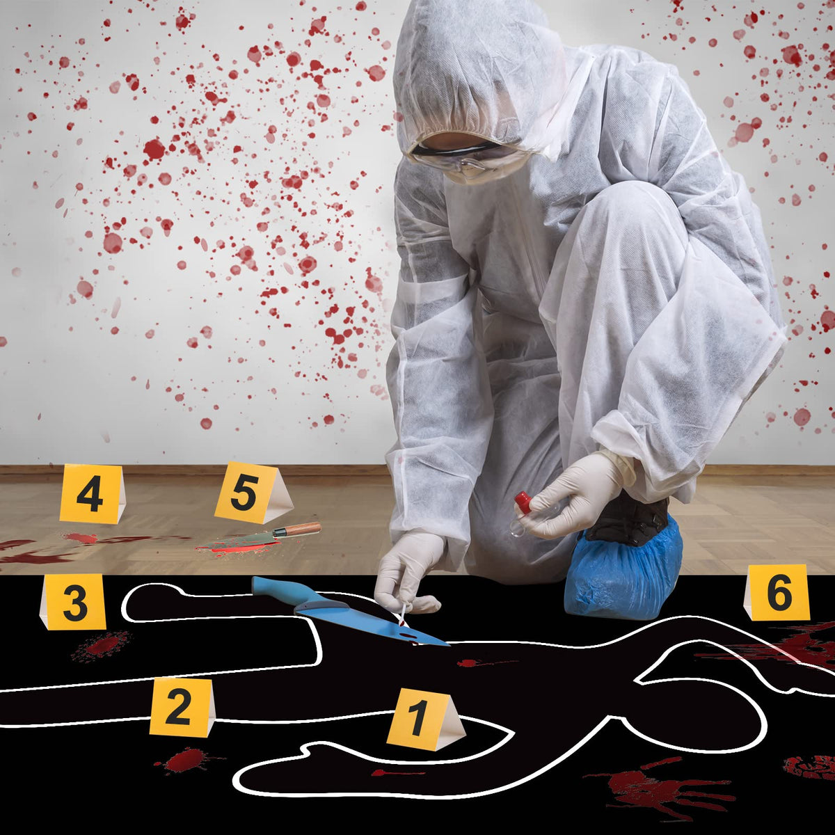 16 Pieces Halloween Crime Scene Decorations Kit Murder Mystery Dinner Party Game Supplies Includes Body Silhouette Crime Scene Tape Evidence Markers and Blody Sticker Home for Crime Scene Party Decor