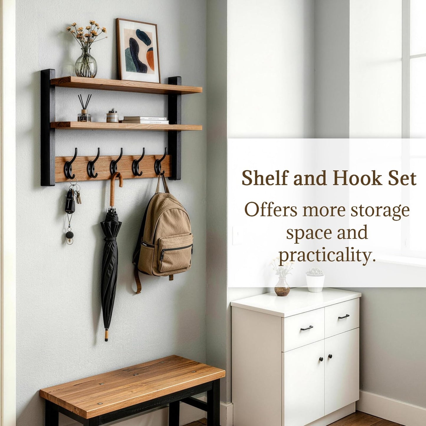 FOMAYKO Wall Hooks with Doubel Wood Shelves, 17 Inch Coat Hooks with Shelf, Wall-Mounted, Entryway Hanging Shelf with 5 Metal Hooks for Clothes Hats Towel Purse, Bathroom Bedroom, Rustic Brown Black