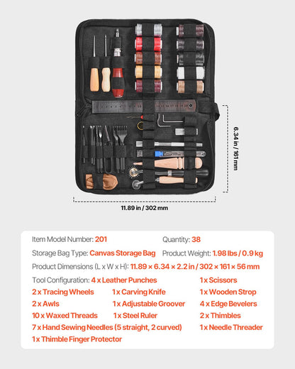 VEVOR Leather Working Tools Kit, 38 PCS Leather Craft Tools with Portable Canvas Storage Bag, Engraving Punching Sewing Stamping Cutting Tools, Ideal for Beginners DIY Enthusiasts and Professionals