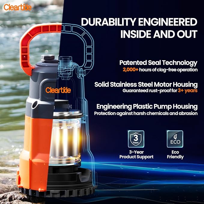 Cleartide Submersible Utility Water Pump, 1/2 HP 3060 GPH, Thermoplastic Portable Plug & Work, Ideal for Pool, Flooded Basement, Hot Tub, Pond & Garden Draining, Debris-Handling up to 3/8", 10 FT Cord