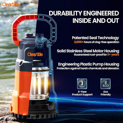Cleartide Submersible Utility Water Pump, 1/2 HP 3060 GPH, Thermoplastic Portable Plug & Work, Ideal for Pool, Flooded Basement, Hot Tub, Pond & Garden Draining, Debris-Handling up to 3/8", 10 FT Cord