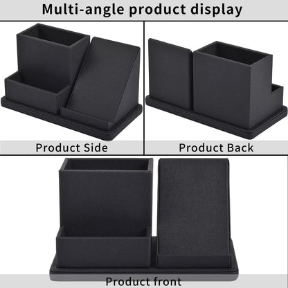 XNONE Pu Leather Desk Pen/Pencil Organizer Multi-Function Cell Phone/Remote Control Storage Box with 3 Compartments Office Supplies Sticky Note Tray Business Cards Holder,Black