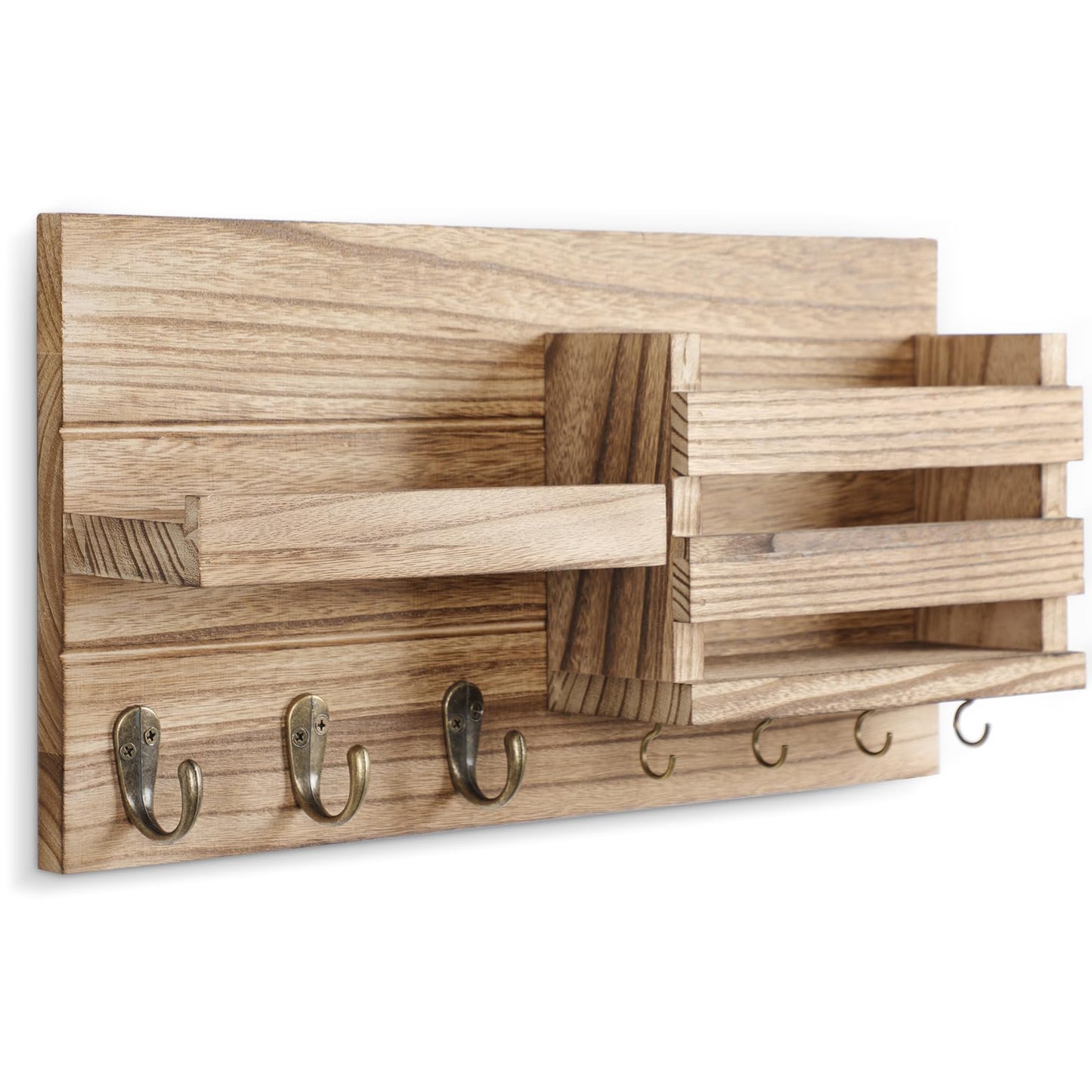 Lwenki Mail Organizer for Wall Mount – Key Holder with Shelf Includes Letter Holder and Hooks for Coats, Dog Leashes – Rustic Wood with Flush Mounting Hardware (16.5” x 8.7” x 3.5”) (Wood)