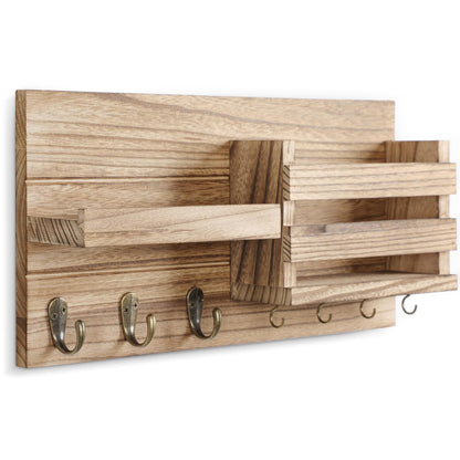 Lwenki Mail Organizer for Wall Mount – Key Holder with Shelf Includes Letter Holder and Hooks for Coats, Dog Leashes – Rustic Wood with Flush Mounting Hardware (16.5” x 8.7” x 3.5”) (Wood)