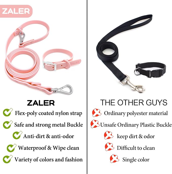 ZALER Dog Collar and Leash Set, Waterproof Adjustable Odor Proof Pet Collars Leashes Easy to Clean, 6FT Dog Leash with 2 Hooks for Large, Medium Small Dogs (XL, Pink)