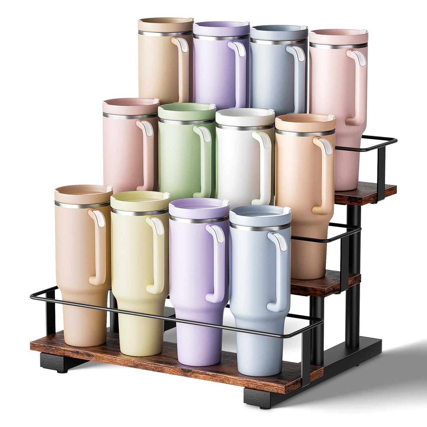 Wolera Stanley 40 oz Tumbler Compatible Organizer, 3-Tier Water Bottle Organizer with Wooden Shelves, Carbon Steel Rack Holds 12 Bottles, Kitchen & Bar Storage