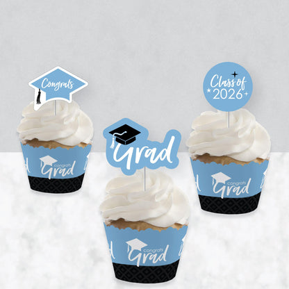 Big Dot of Happiness 2026 Light Blue Graduation Cupcake Decoration - Party Cupcake Wrappers and Treat Picks Kit - Set of 24